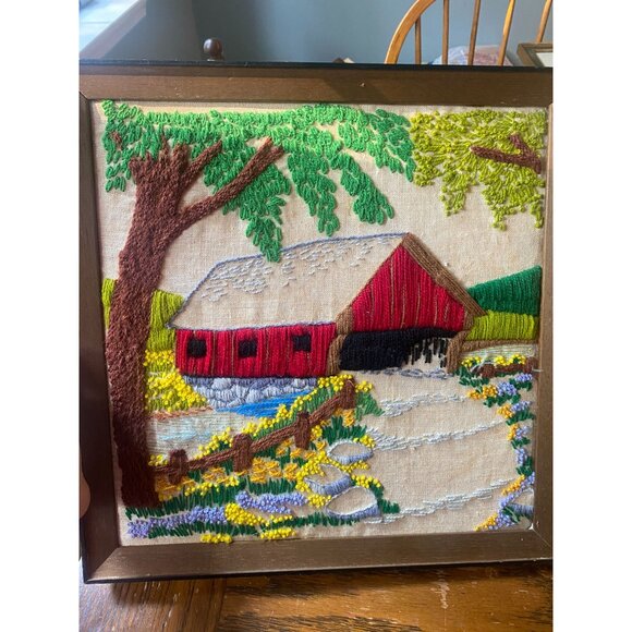 Vintage Framed Crewel Covered Bridge Scene Wall Art 15"x15" Rustic Decor Handmad - Picture 8 of 8